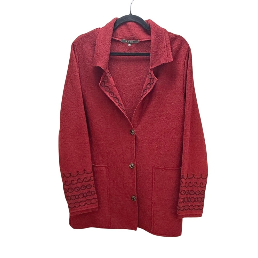 SOL Women's Red‎ Alpaca Wool Blend Cardigan Size M Raw Edge Pockets Embroidered